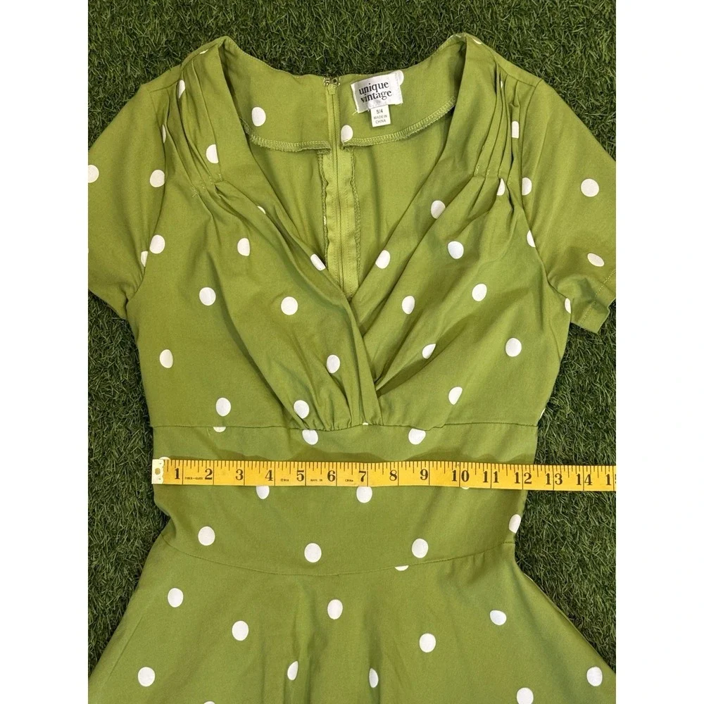 Unique Vintage Dress Womens Small 4 Green Polka Dot Retro Midi - Picture 13 of 16